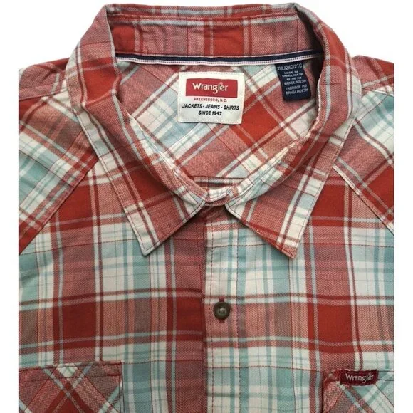 NWT Wrangler Men’s Sz 2XL Stretch Red Plaid Stripe Long Sleeve Shirt Button Down - Picture 2 of 11